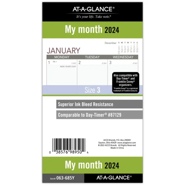 AT-A-GLANCE 2024 Monthly Planner Refill Loose-Leaf Portable Size 3 34 x 6 34 -