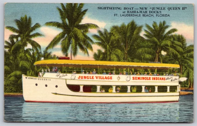 Postcard Jungle Queen II, Capt. Al Starts, Ft Lauderdale FL linen P123