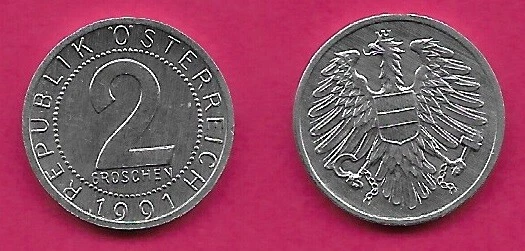 Austria 2 Groschen 1991 Unc Imperial Eagle With Austrian Shield On Breast,Ho
