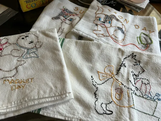 4 Vintage Puppy Dog Embroidered Hand Dish Tea Towels Kitchen Linen Cotton