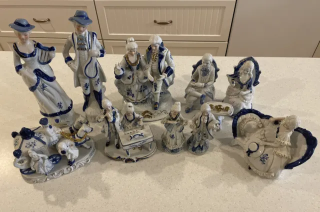 Vintage Blue, White, Gold Porcelain Victorian Figurines - Lot Of 11 Pieces