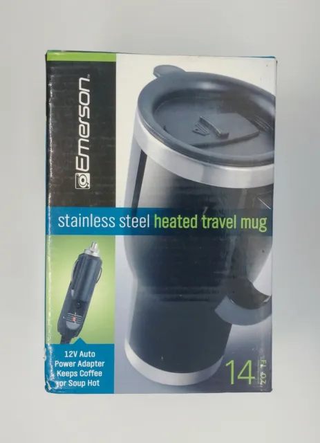 New Emerson Stainless Steel Heated 14 oz Travel Mug 12V Auto Power Adapter NIB