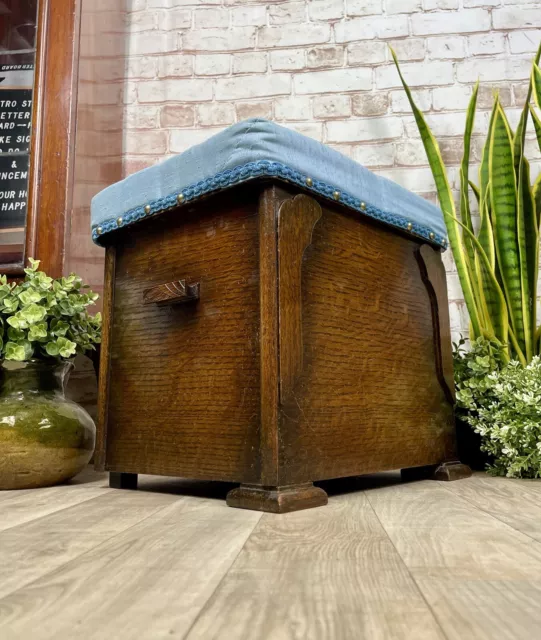 Vintage Oak Coal Box Fireside Log Boot Storage Padded Stool Chest 1940s