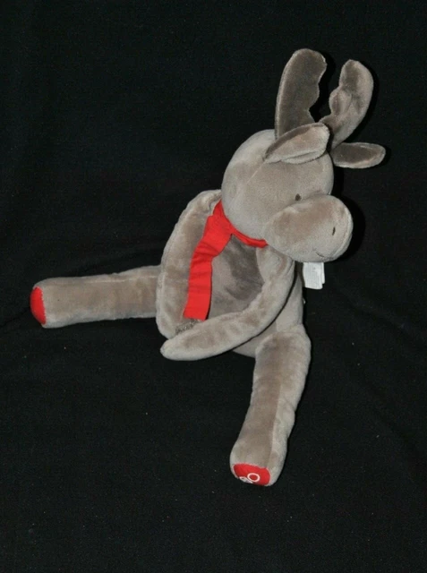 Peluche doudou cerf renne élan OBAIBI OKAIDI gris écharpe rouge 30 cm assis TTBE