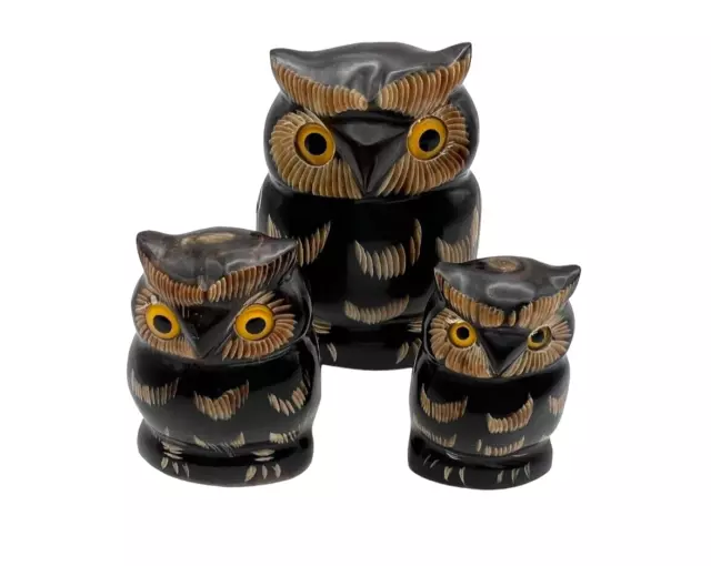 VTG Hand Carved Owl Fowl Figure Carving Water Buffalo Horn Sculptures Set of 3
