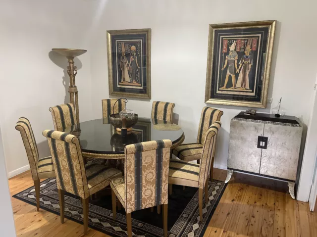 All Versace Dining Room Suite - table, 10 Chairs, Rug, Silver Cabinet, Gold Lamp