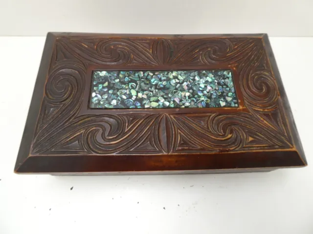 Vintage Wooden Tiki Carved Box New Zealand Maori Paua Shell Decorated  Rotorua