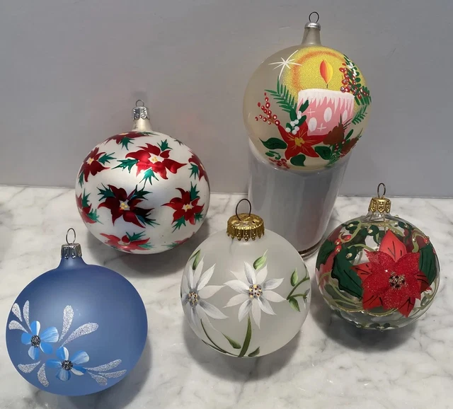 5 Vtg Hand Painted Glass Ball Christmas Ornaments 1 Radko W. Germany Flowers