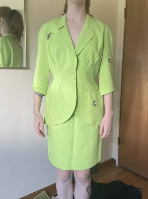 THIERRY MUGLER Vintage Melon Green Silver Grommet Snap-Front Skirt Suit 42