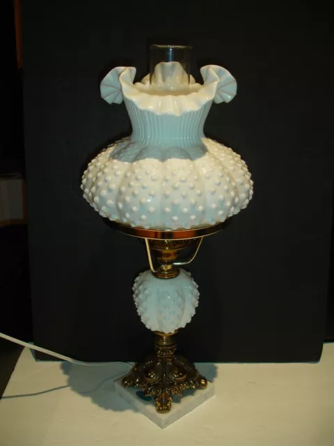Fenton Milk Glass Hobnail Poppy Student Lamp Perfect