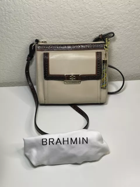 BRAHMIN Manhattan Cream & Brown Trimmed Leather Bag Built-in Wallet & Tassel