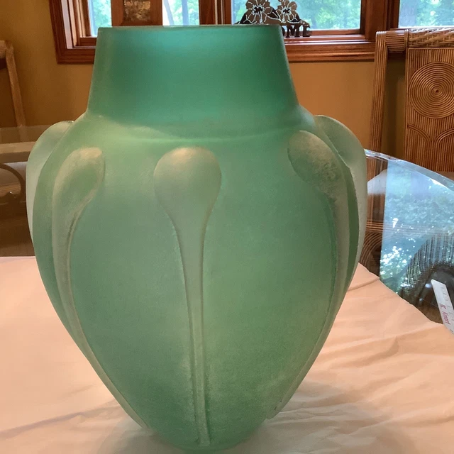 ANTIQUE GLASS VASE 9”x6”x3” opening Green Frosted Matte 1 Chip RARE