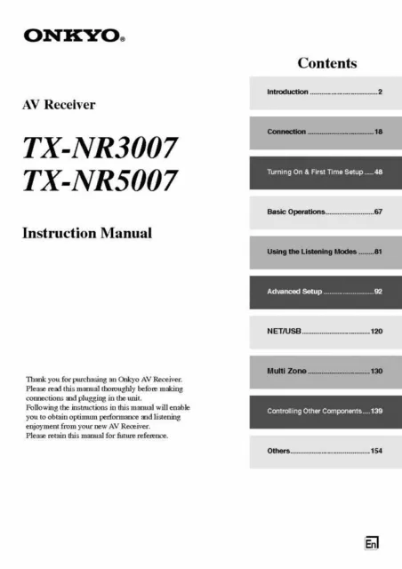 Onkyo Integra TX-NR5007 Receiver Owners Instruction Manual FREE SHIPPING