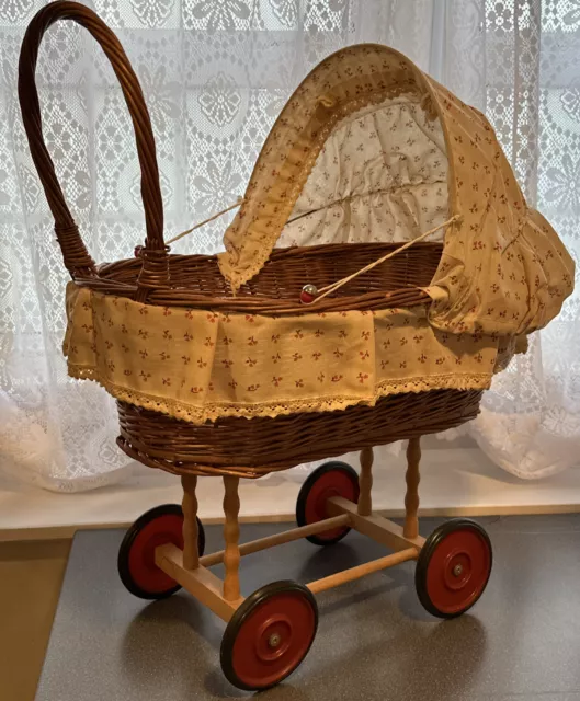 Vintage Large Wicker Baby Doll Carriage Buggy Stroller - Fits Up To 16” Doll