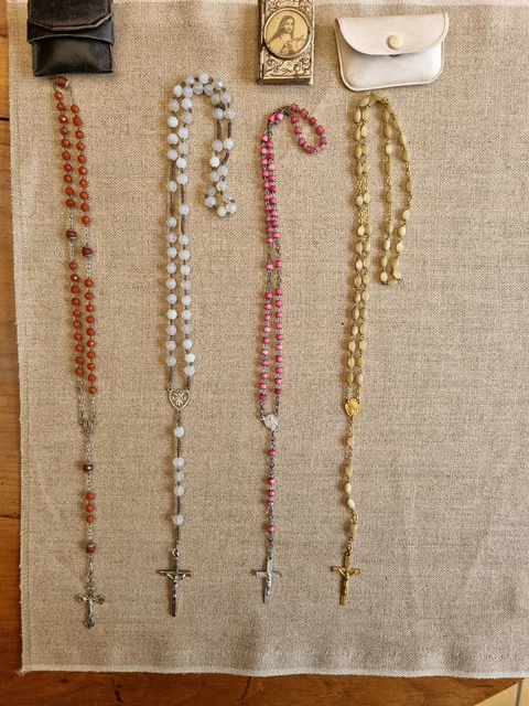 Ancien  4 Chapelet  Perle Verre Croix Christ Argent Metal Dore Pochette Religion