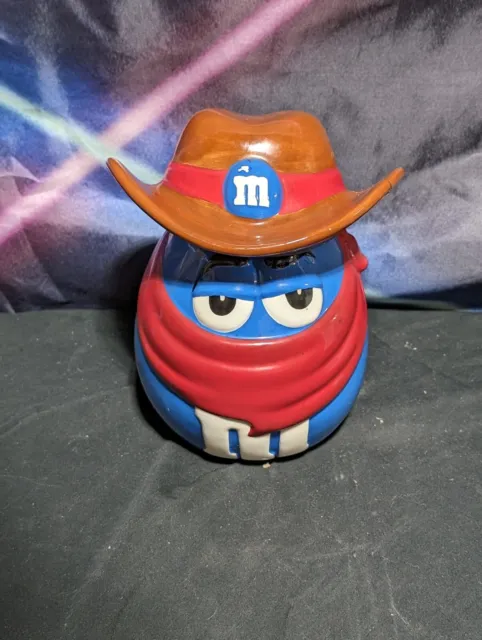 M & M Ceramic Cookie Candy Jar Container Blue Bandit Red Broke Cowboy Hat  8”