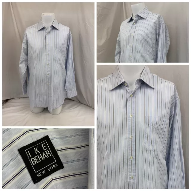 Ike Behar Dress Shirt 16.5 34 Blue Stripe 100% Cotton Made Canada YGI O2-223