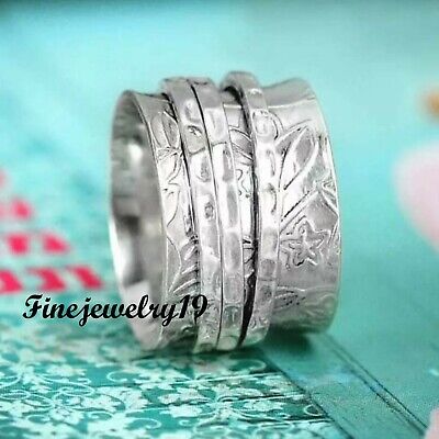 Solid 925 Sterling Silver Wide Band Spinner Ring Meditation Statement Ring FN23