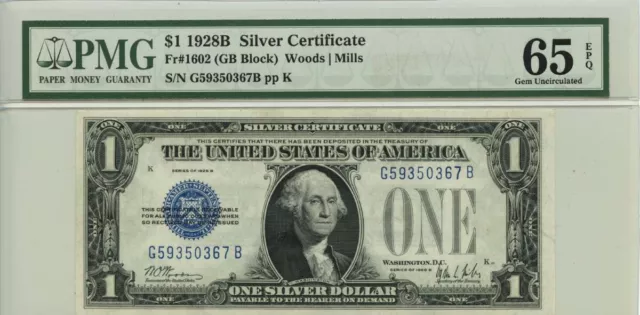 1928B $1 Silver Certificate Blue Seal Fr# 1602 PMG Gem65 EPQ