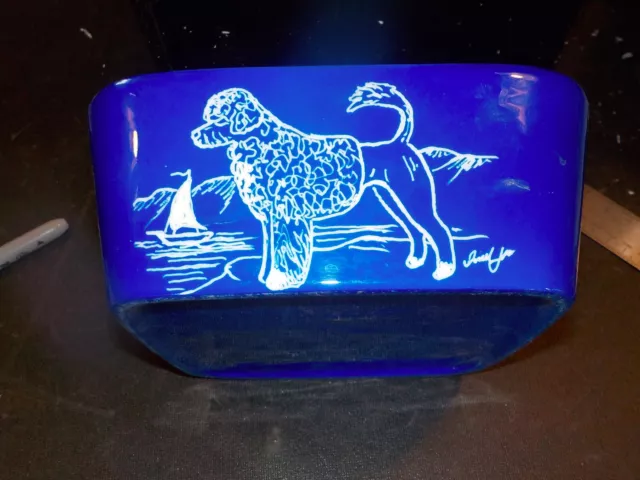 Portuguese water Dog  hand cut ceramic bowl,, signed