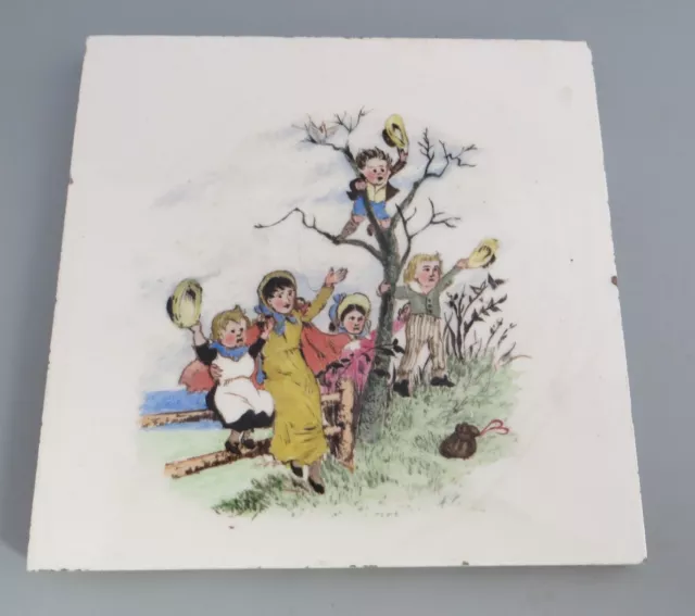 Charming Mintons Hand Painted 6" Tile - Victorian Children Waving