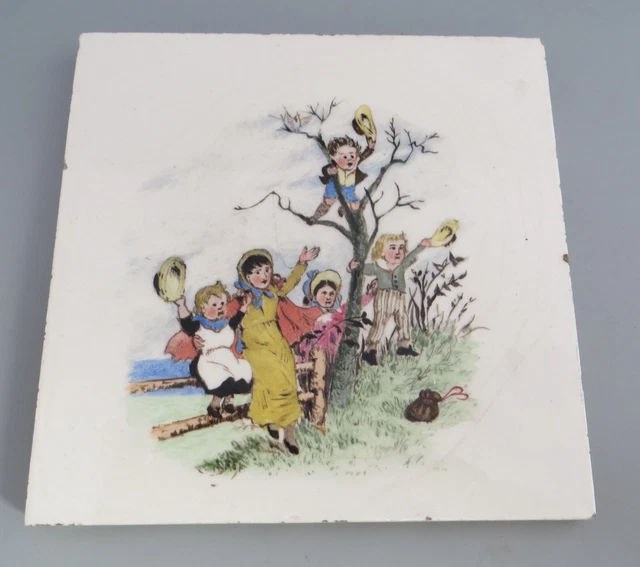 Charming Mintons Hand Painted 6" Tile - Victorian Children Waving