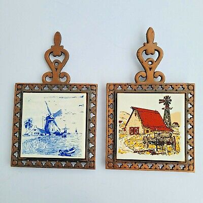 2 Vintage 1985 Copper Cast Iron Painted Tile Trivets Taiwan Country Rustic 5x9"