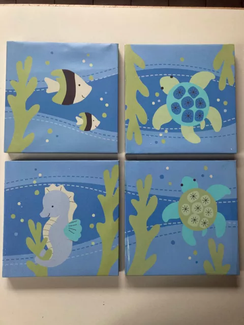 Ocean Animals Nursery Pictures Fish Turtle  - Canvas, Green, Blue SET of 4