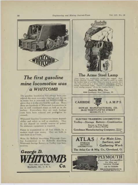 1924 George D. Whitcomb Co. Ad: Whitcomb Locomotives for Mining, Rochelle, IL