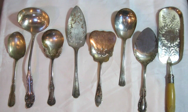Vintage Antique Lot of 8 Silver Serving Spoons and Cake Desert Servers
