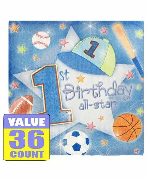 1st Birthday Boy Party Supplies Blue All-Star Lunch Napkin Value Pack (Pk.36)