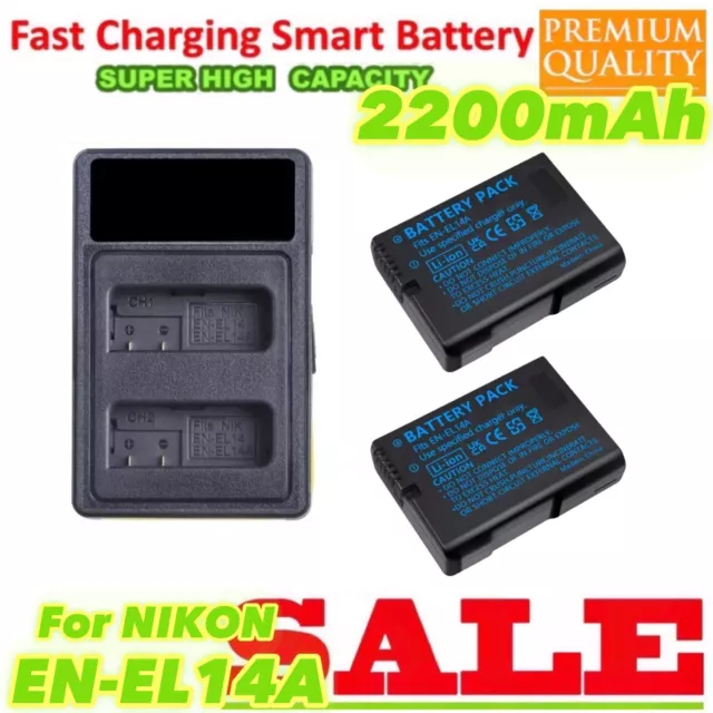 2X 2.2Ah EN-EL14a Battery+Charger For Nikon D3400 D5600 D5500 D5300 D5200 D33