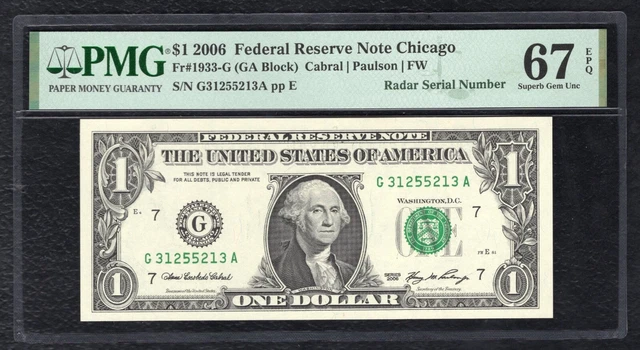 Fr 1933-G 2006 $1 Federal Reserve Note “Radar S/N G31255213A” Pmg Gem Unc-67Epq