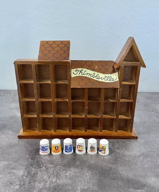 VINTAGE Thimbleville 1980 Fine Porcelain 6 Thimbles Wood Enesco Storage Display