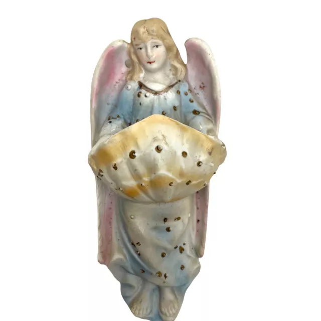 Vintage German Bisque Holy Water Font Angel Painted Porcelain Religious Germany