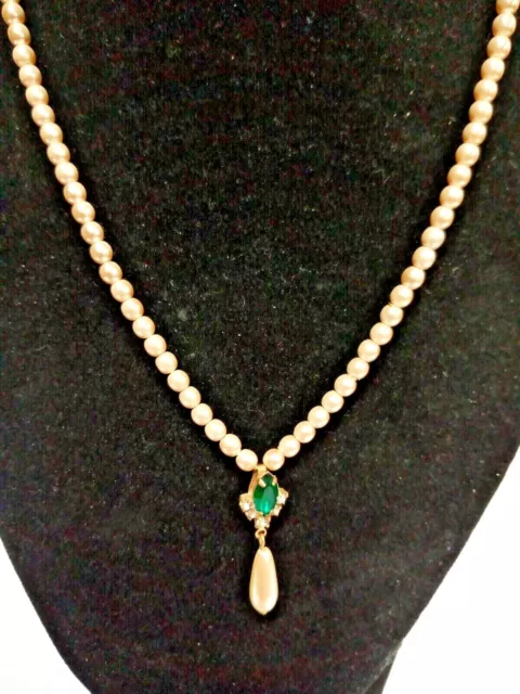 NEW Vtg Mariell Pearl Necklace w/Pearl Drop, Faux Marquise Emerald & CZ  FC93/2 2