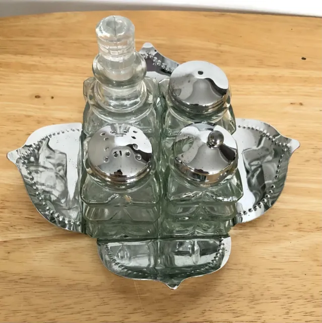 Vintage Cruet Condiment Set And Tray 4 Piece Chrome Plated