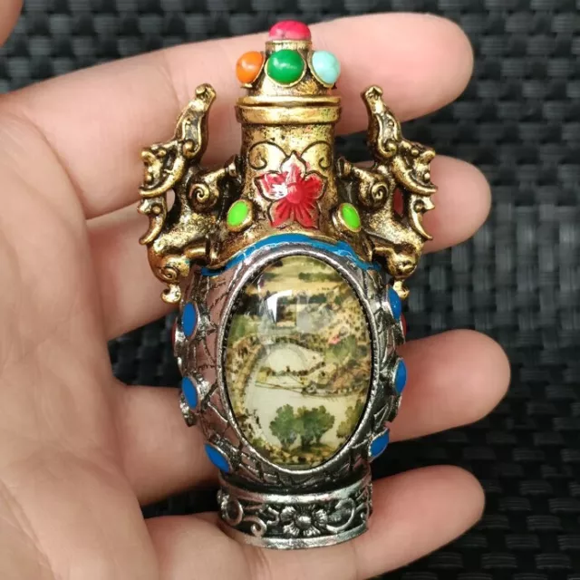 Chinese Hand-painted Inside Landscape Brass Double ear Snuff bottle Gift 2