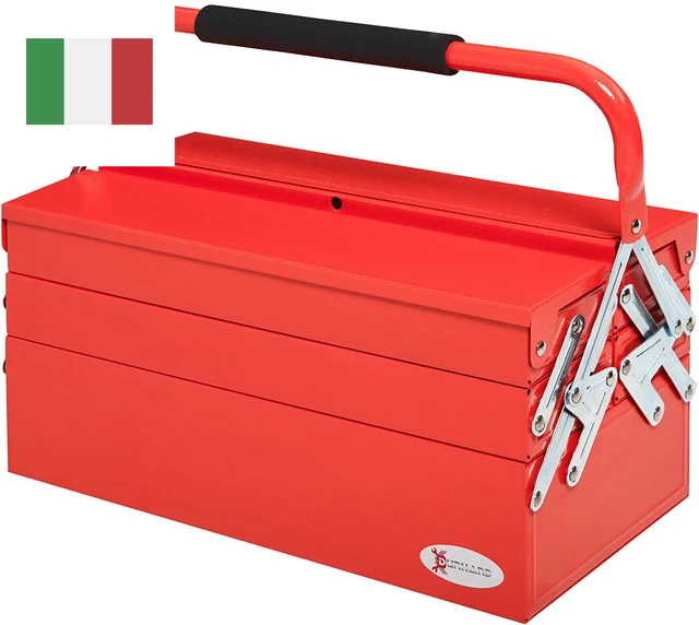 Cassetta Porta Attrezzi in Metallo Pieghevole Con 5 Vassoi, 3 Ripiani, Rosso