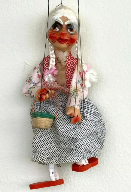 VTG Mexican Folk Art Hand Crafted Girl Wooden String Puppet Marionette 14" Tall