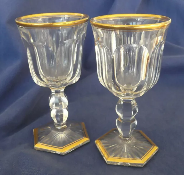 Pair of Antique Cut & Polished Crystal Cordials w/Gold Trim - Probably Baccarat