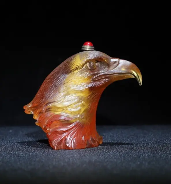 Exquisite orange Coloured glaze handmade carved eagle head statue snuff bottle