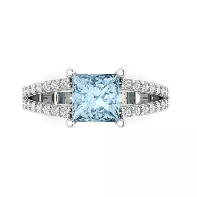 2.42 Princess split shank Natural Aquamarine Promise Wedding Ring 14k White Gold