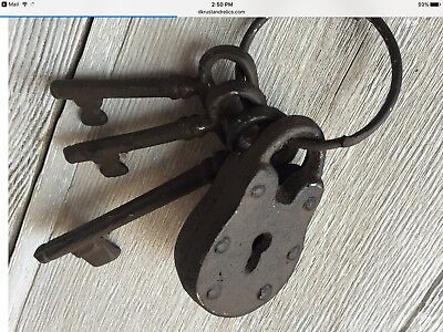 Antique Replica Cast Iron Decorative Lock With 3 Skeleton Keys Nice Patina