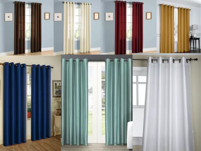 Set Window Curtain Faux Silk Rod Pocket Drape  Solid Color