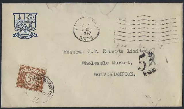 Uk Gb 1947 Postage Due Marking 5D On Local Cover & Postage Due Tied Wolvehampton