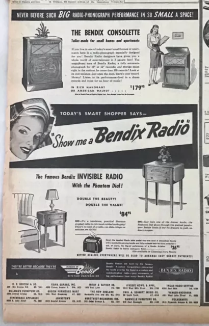 1947 Newspaper Ad for Bendix Radio - Consolette, Invisible Radio w/Phantom Dial