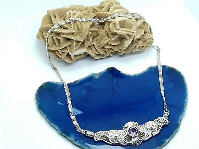 Silver Necklace Sterling Vintage Handmade Pendant Sapphire Stone And Marcasite