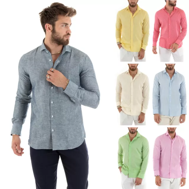 Camicia Uomo Colletto Francese Manica Lunga Lino  Sartoriale Vari Colori