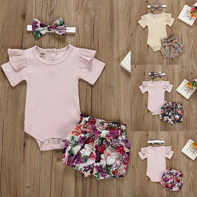Abiti per bambine neonate vestiti tute romper + set pantaloncini stampa floreale